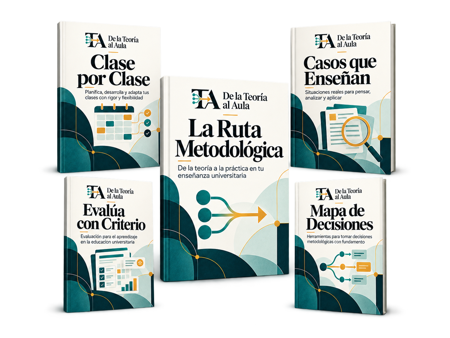 Mockup del sistema De la Teoría al Aula con sus cinco productos
